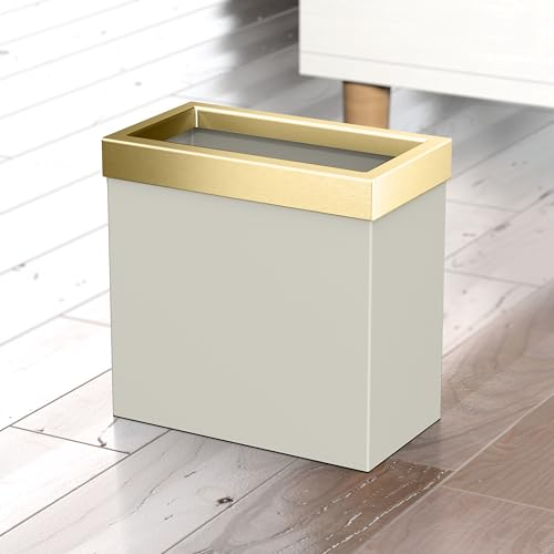 Image of Gatco Modern Rectangle Wastebasket, Matte Pearl and Brushed Brass Combo - Stainless Steel Trash Can with Removable Lid, Leakproof, 3 Gallon Capacity for Bathroom, Bedroom, Kitchen, or Office