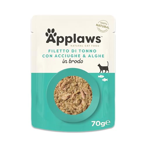 Applaws Alimento per Gatti Umido 100% Naturale Filetto di Tonno e Orata in Brodo per Gatti Adulti - 12 Buste da 70g