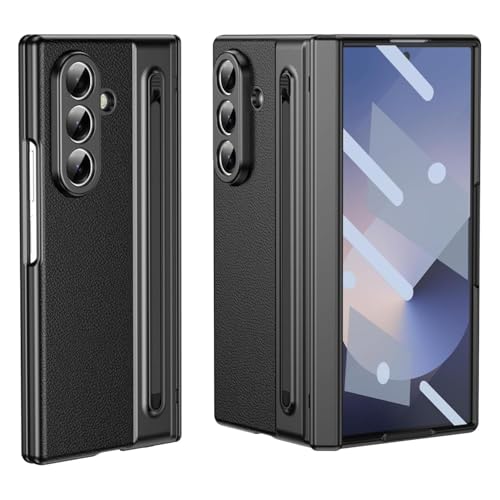 Image of Ultra Hybrid Luxury Leather Compatible with Samsung Galaxy Z Fold 5 (2025)| Built-in S Pen Holder| 360 Hinge Protection | Slim Shockproof Back Cover with Tempered Glass - Black