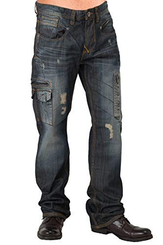 Level 7 Men's Relaxed Premium Denim Jeans Distressed Dark Blue Wash Utility Cargo Pockets3