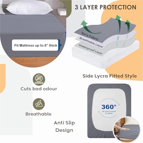 Image of Ayka 100% Waterproof Cotton Terry Mattress Protector Double Size Breathable Hypoallergenic Noiseless Ultra Soft Fitted Bed Protector 72x48 inch Mattress Cover /Bed Cover (Grey, Double (72 * 48 inch))