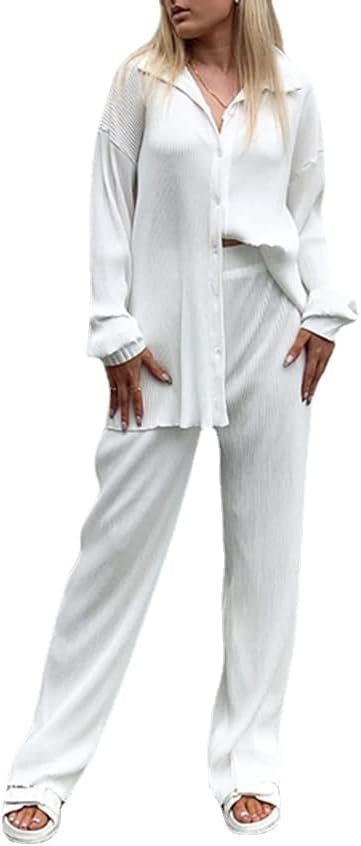 Womens 2 Pieces Outfits Ribbed Long Sleeves Loose Casual Top Wide Leg Pants Set