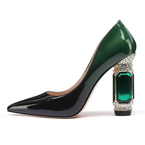Image of JANSEVEN Women Chunky Heels Pumps Crystal Block Heels with Rhinestones Pointed Toe Sexy Gradient Patent Leather Slip on Bridal Party Wedding Dress Shoes 5-13 M US