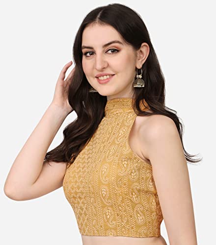 Image of Pujia Mills Women's Halter Neck Chickenkari Work Readymade Saree Blouse