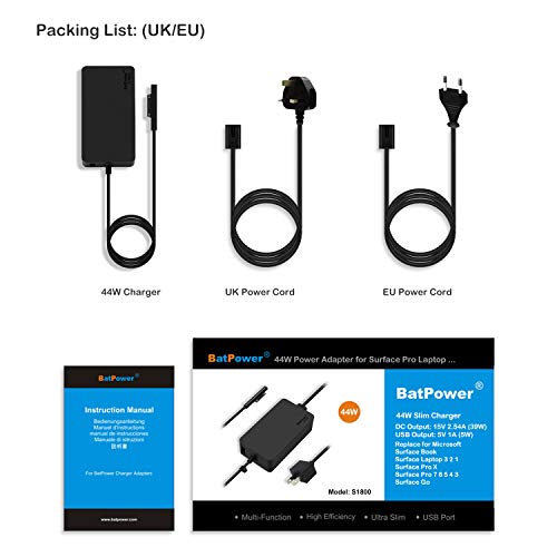 BatPower 15V 2.58A Surface Charger 44W Compatible with Microsoft Surface Pro X 7 6 5 4 3 Go Tablet Surface Laptop 4 3 2 1 Power Supply 44W 1800 Ac Adapter Cord, 5V 1A USB Charge for Tablet Smartphone