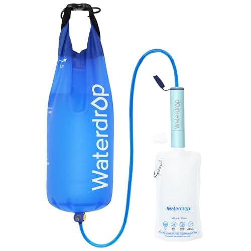 Waterdrop Gravity Water Filter Straw, Camping Water Filtration System, Water Purifier Survival for Travel, Backpacking and Emergency Preparedness, 1.5 gal Bag, 0.1 Micron, Light Blue