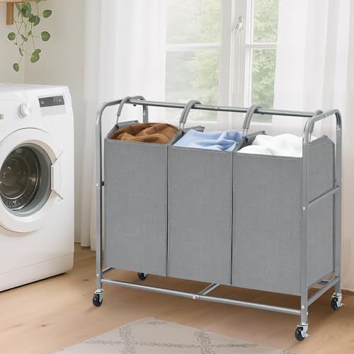 STO STO Laundry Sorter 3 Section with Lockable Wheels, 135L Rolling Clothes Hamper 3 Compartment with Removable Bags, Laundry Basket Cart for Laundry Room, Bedroom, Closet, Gray STO STO Laundry Sorter 3 Section with Lockable Wheels, 135L Rolling Clothes Hamper 3 Compartment with Removable Bags, Laundry Basket Cart for Laundry Room, Bedroom, Closet, Gray - Image 2