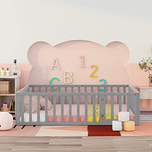 Softsea Floor Bed With Fence And Door, Wood Montessori Queen Bed Frame Mattress Foundation For Kids Toddlers, No Bed Slats #TOP2
