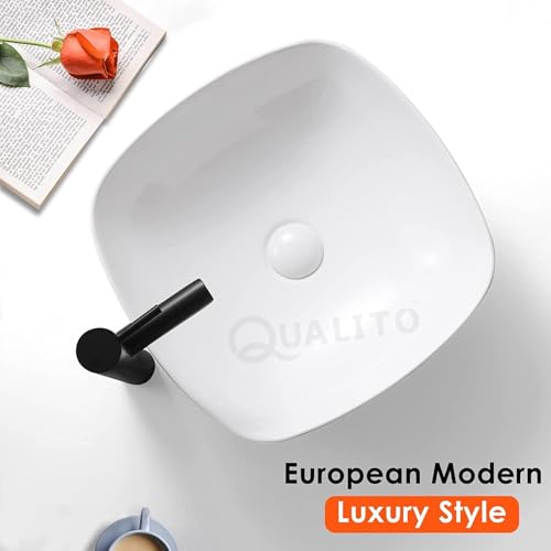 Image of QUALITO Table Top Wash Basin for Bathroom, Living Room, Hall, Dinning Room | Countertop /Over Counter Ceramic Vessel Sink /Basin | Glossy Finish Table Top Wash Basin (White, 16x16x6 Inch)