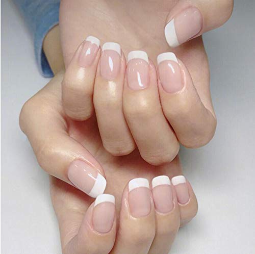 Cathercing 24 Pcs French False Nails Short Smooth Nails Full Cover Beauty Nails Fake Square Gel Tips Art Nail Stickers for Women Girls Gift on Halloween Party (line pink square)