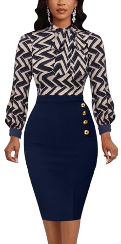 Knolnt Bodycon Long Sleeve Pencil Dresses for Women Elegant Knee Length Church Tie Neck Classy Casual Striped Print Work Dress,A Navy Blue, Medium