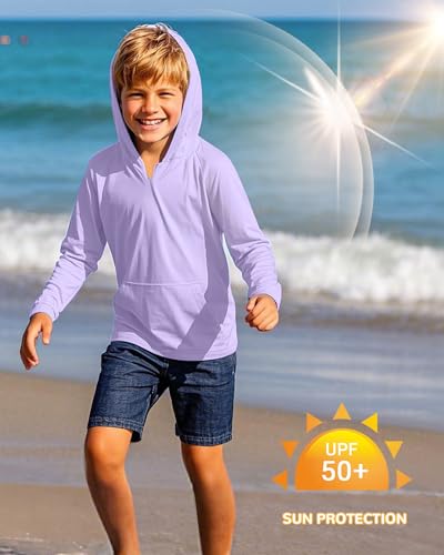 Image of Boys Rash Guard Long Sleeve Hoodie Swim Shirt with Pocket Youth Kids UPF 50+ Sun Protection Fishing Shirts Thumb Hole