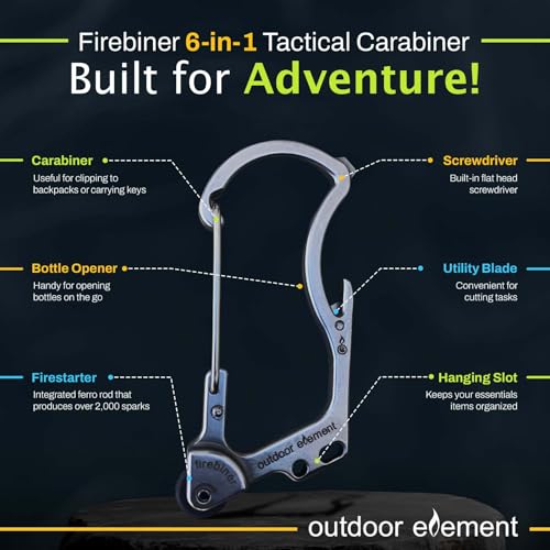 OUTDOOR ELEMENT Firebiner 6-in-1 Fire-Starting Carabiner EDC Emergency Multitool -Keychain,Utility Blade,Bottle Opener,& More