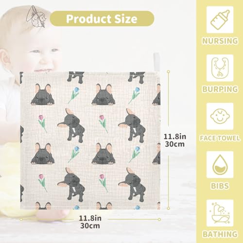 Image of vvfelixl Baby Cotton Washcloths Black French Bulldog Infants Bath Towel for Unisex Face Towels for Newborn, Natural Baby Wipes Delicate Skin, 11.8 X 11.8 inch, one sizex5