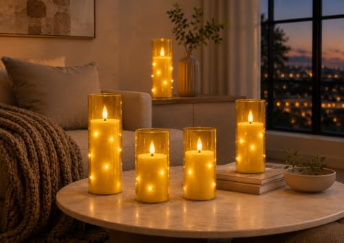 Image of 5 Pack Champagne Transparent Acrylic Flameless Taper Candles, Flickering Black Wick LED Candles with Surrounding Fairy String Lights, Heat Resistant ABS Candles with Remote for Indoor Outdoor Decor