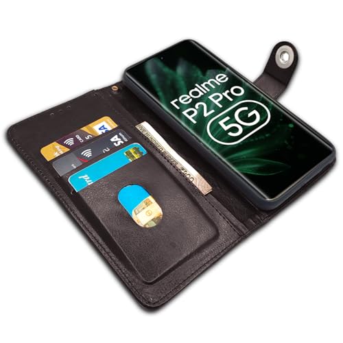 Image of Pikkme Flip Cover Leather Finish | Inside TPU with Card Pockets | Wallet Stand and Shock Proof | Complete Protection Button Flip Case for Realme P2 Pro 5G (Coffee)