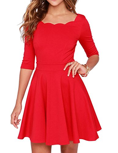 haoduoyi Women's Scallops Boat Neck Slim Draped Dress X-Small Red