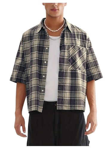 GORGLITTER Men's Plaid Cropped Shirt Button Down Short Sleeve Vintage Streetwear Baggy Collar Vacation Crop Tops