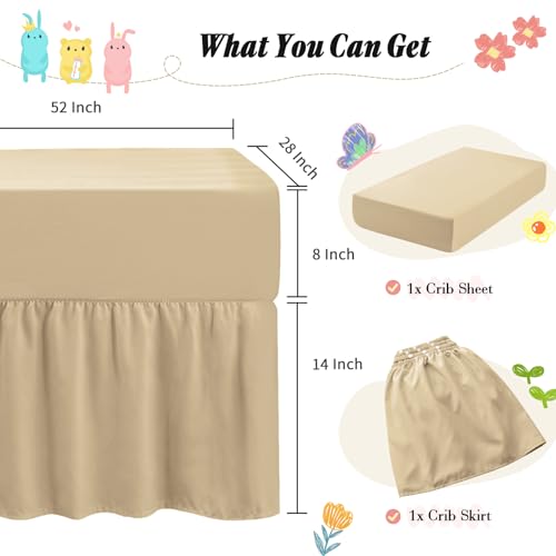 Image of Horbaunal 2 Pack Set Crib Skirt & Crib Bed Sheet, Khaki Crib Bed Skirt 28 inch x 52 inch with 14 inch Drop Dust Ruffle, Soft Microfiber Toddler Bedskirt Nursery Bedding Skirt for Baby Girls and Boys