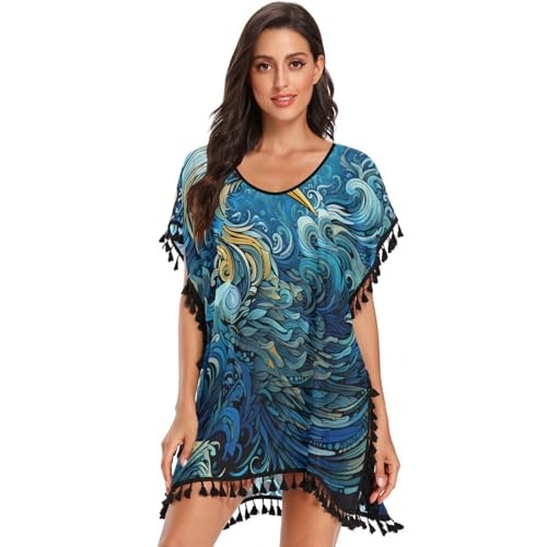 Abstract Art Blue Bird Women's Beach Cover Up Chiffon Tassel Swimwear Swimsuit Coverups for Girl