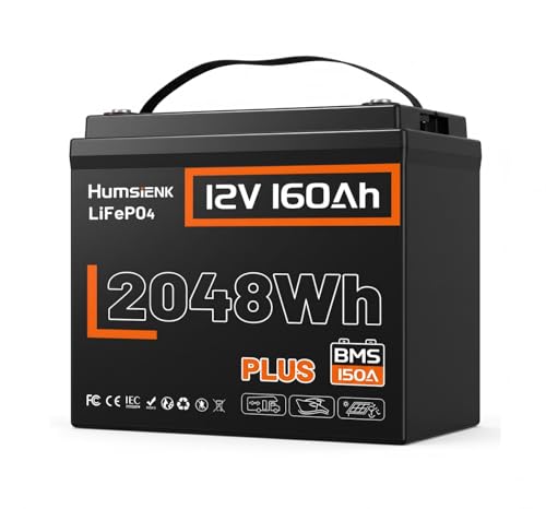 Image of HumsiENK 12V 160Ah Plus LiFePO4 Lithium Battery, 2048Wh Energy Trolling Motors Battery, 150A BMS with Low-Temp Protection, 15000+ Deep Cycles, 10 Years Lifespan, for RVs, Energy Storage, Solar, Boat