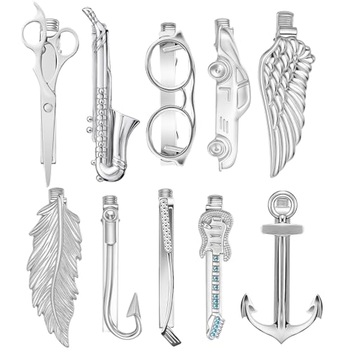 Quelay 10pcs Novelty Tie Clips for Men Boys with Box Modeling Necktie Tie Clips Set Silver Cars Guitars Glasses Assorted Design Best Gifts in Xmas, Anniversary, Wedding