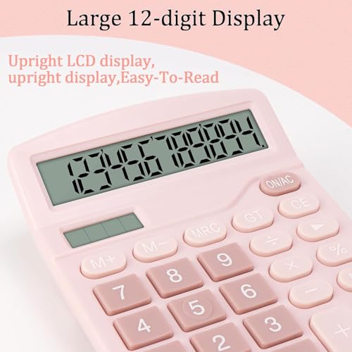 Image of 12-Digit Dual Power Desktop Calculator with Large LCD Display, Big Easy Press Buttons, Solar & Battery Operated, Portable Office & School Basic Calculator for Kids and Parents (Pink)