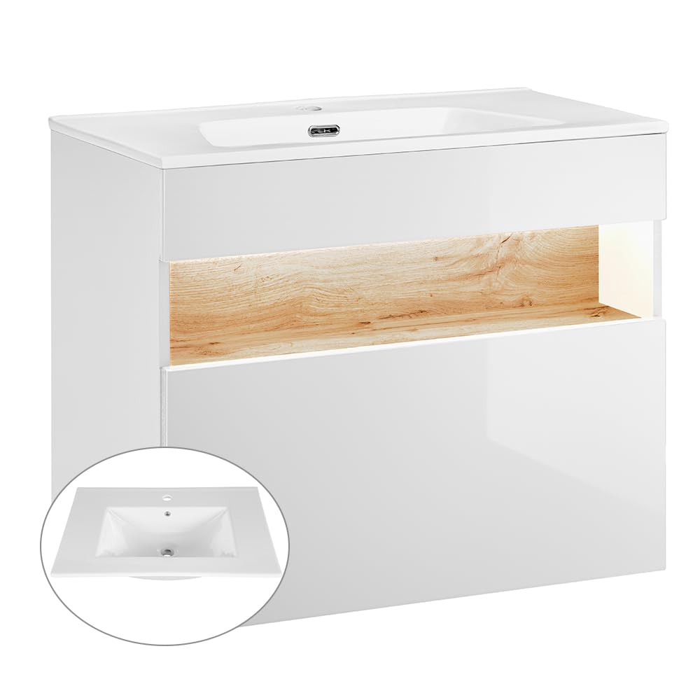 Lomadox Badmöbel Komplett Set, 80cm Unterschrank mit Keramik Waschbecken, Hochglanz weiß mit Wotaneiche, 2 Hochschränke und LED-Spiegelschrank
