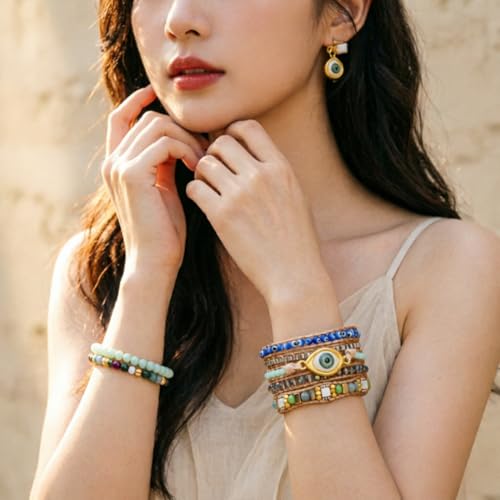 Image of YGLINE Natural Stone Bracelet 5 Wraps Bracelet Handmade Blue Color Boho Bracelet for Women Bracelet