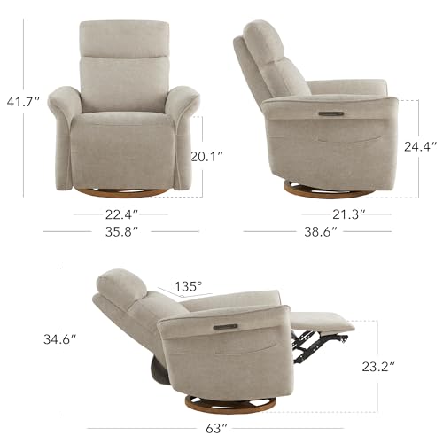 CHITA Power Recliner Chair, Electric Triple-Motor Swivel Glider Nursery Rocking Chair with Adjustable Power Headrest and Lumbar Support, Solid Wood Base, Khaki Grey