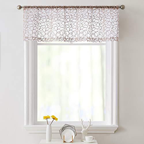 Hlc.me Audrey Embroidered Sheer Voile Window Curtain Rod Pocket Valance For Kitchen, Bedroom, Small Windows And Bathroom (54 X 18 Inch Long, Taupe) #TOP1
