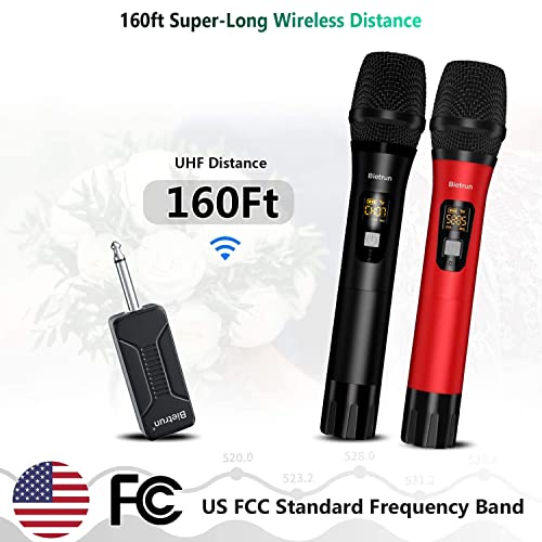 Bietrun Wireless Microphone Dynamic Mic System with Rechargeable Receiver, 1/4" Output, for Karaoke, Church, Speech, Wedding, Party Singing(160 ft Range)-Auto Connect