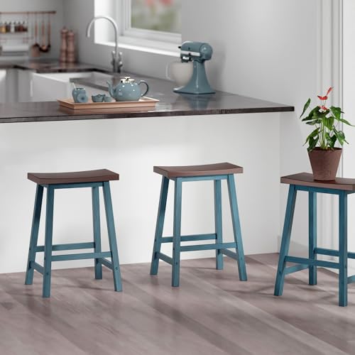 Image of Winsome Satori Saddle Seat 24in Counter Stool Rustic Teal and Walnut