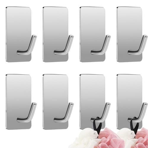 Rixotix 8 ganci adesivi argentati in acciaio inox, autoadesivi, ganci adesivi da parete per pareti, camera da letto, bagno, cucina, ganci da parete senza fori