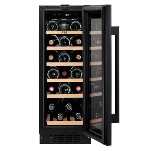 AEG 5000 Series Integrated Wine Cooler 82 cm / 20 Bottle Capacity Wine Fridge, AWS4020B5B, Single Zone 5-18 °C, Black Glass Door Light-protecting, LED Illumination and Wooden Shelves, 40 dB