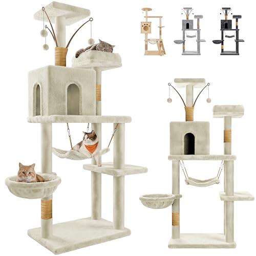 JUPPLIES Árbol Rascador para Gatos 143 cm – Torre de Juegos y Descanso con 5 Plataformas, 3 Nidos, 1 Cueva y Hamaca – Poste de Sisal y Base Estable 60×40 cm – Ideal para Hogares (Beige)