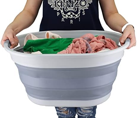 SAMMART 28L Oval Collapsible Plastic Laundry Basket - Foldable Pop Up Storage Container / Organizer - Portable Washing Tub - Space Saving Hamper / Basket (1, Grey)