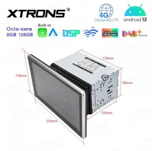 XTRONS TIX125L dimensions diagram showing measurements for the main unit and screen.