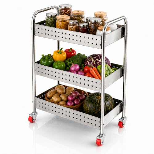 Image of TUNIS 3 Tier 202 Premium Stainless Steel Kitchen Storage Trolley with 360 Rotating Wheels | Multipurpose Vegetable & Fruit Rack Organizer | Movable Storage Cart for Kitchen, Pantry & Home