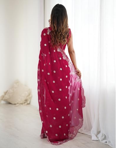 Image of Satrani Women's Shimmer Chiffon Dual Tone Scalloped Border Sequins Embroidery Saree with Unstitched Blouse Piece