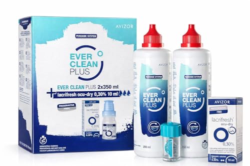 Avizor Ever Clean Plus | Solución Potente de Desinfección Intensiva para Lentes de Contacto | Limpieza Profunda con gotas oculares | Formato 2x350 ml + Lacrifresh Ocu-Dry 0,30% 10 ml