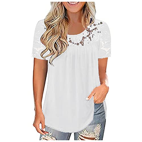 ▷ Camisetas de manga corta sueltas de encaje floral gráfico con cu