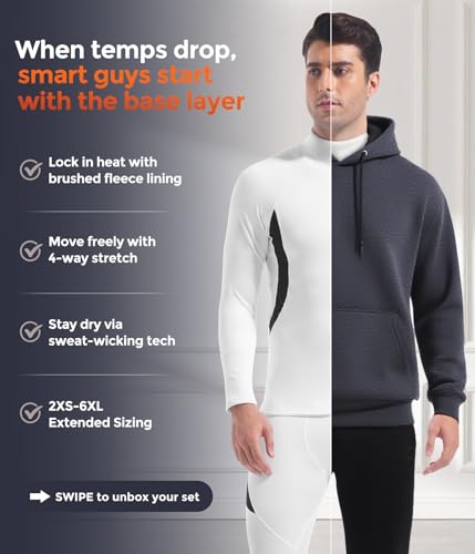 Image of Mens Thermal Underwear Long Johns Set Cold Weather Hunting Base Layer | Fleece lined top & bottom. Moisture wicking, 4-way stretch. Ultimate warm winter gear for skiing outdoor