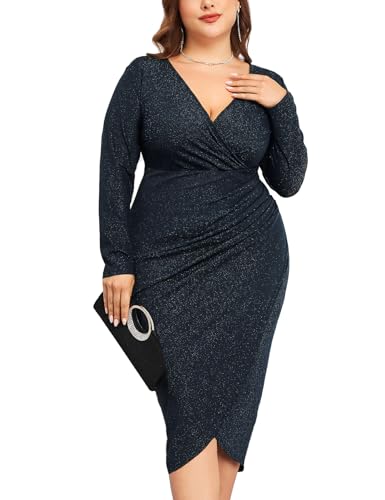 Image of ZOMVA Plus Size 0X-4X Sparkly Glitter Ruched Bodycon Midi Dress Sparkle Sequin Wrap Long Sleeve Dress Cocktail Party Formal