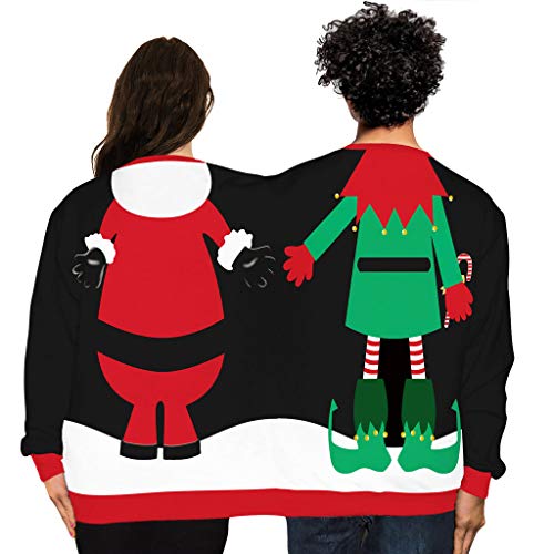 Gracin Men's And Women's Two Person Ugly Christmas Sweater- 3D Printed Couple Sweatshirt Adult Jumper Black(S/M, Santa&Elf) #TOP1