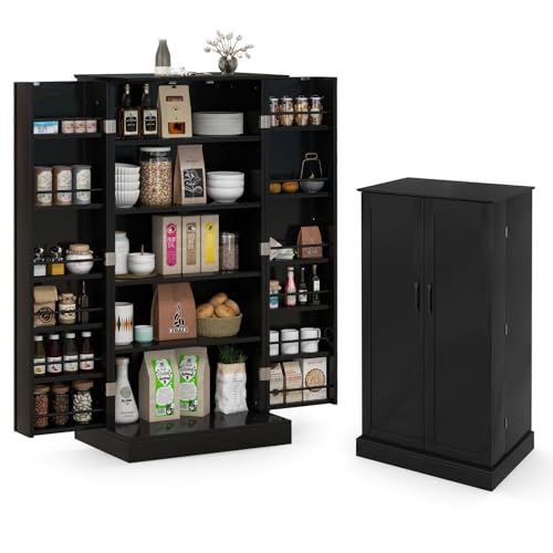KOMFOTTEU Armario de Almacenamiento con Doble Puerta, Aparador de Cocina con 16 Estantes, Mueble Auxiliar de Madera Antivuelco, Armario de Despensa para Salón, Comedor, 60 x 40 x 120 cm (Negro)