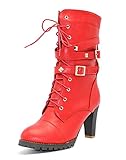 Absatzform: Blockabsatz Damen Wasserdichte PU Leder Stiefel Mit Hohen Absätzen Biker Schnürstiefel Mit Nieten Riemen und Schnallen Punk Schuhe Rot EU 38