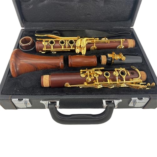 Image of Professional Wood Clarinet 17 Key Gold-Plated Rosewood B Flat Clarinet with 2 Barrels,Hard Case,Mouthpiece,Reeds,Cleaning Kit,Intermediate Musical Instrument