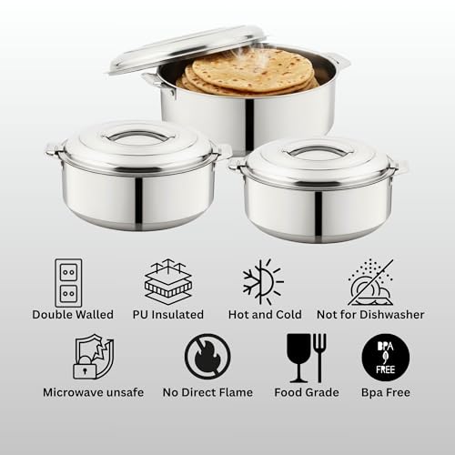 Image of 1000 ml, 1500 ml, 2500 ml Double Wall Insulated Stainless Steel Casserole Set of 3 | Hot Pot for Roti, Rice, Gravy, Curry | Silver Hot Box with Steel Lid & Twist Lock
