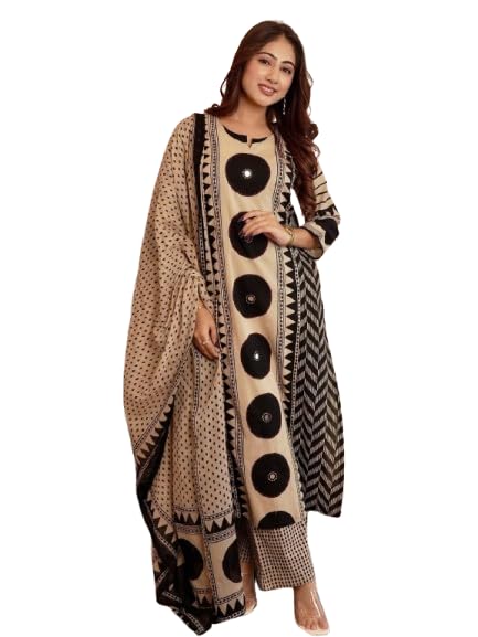 Image of krisjan|Women's Pure Cotton Printed with Handwork Kurta with Pants and Dupatta Set | Ethnic Set | Suit Set | Kurta Set | Wedding Suit Set